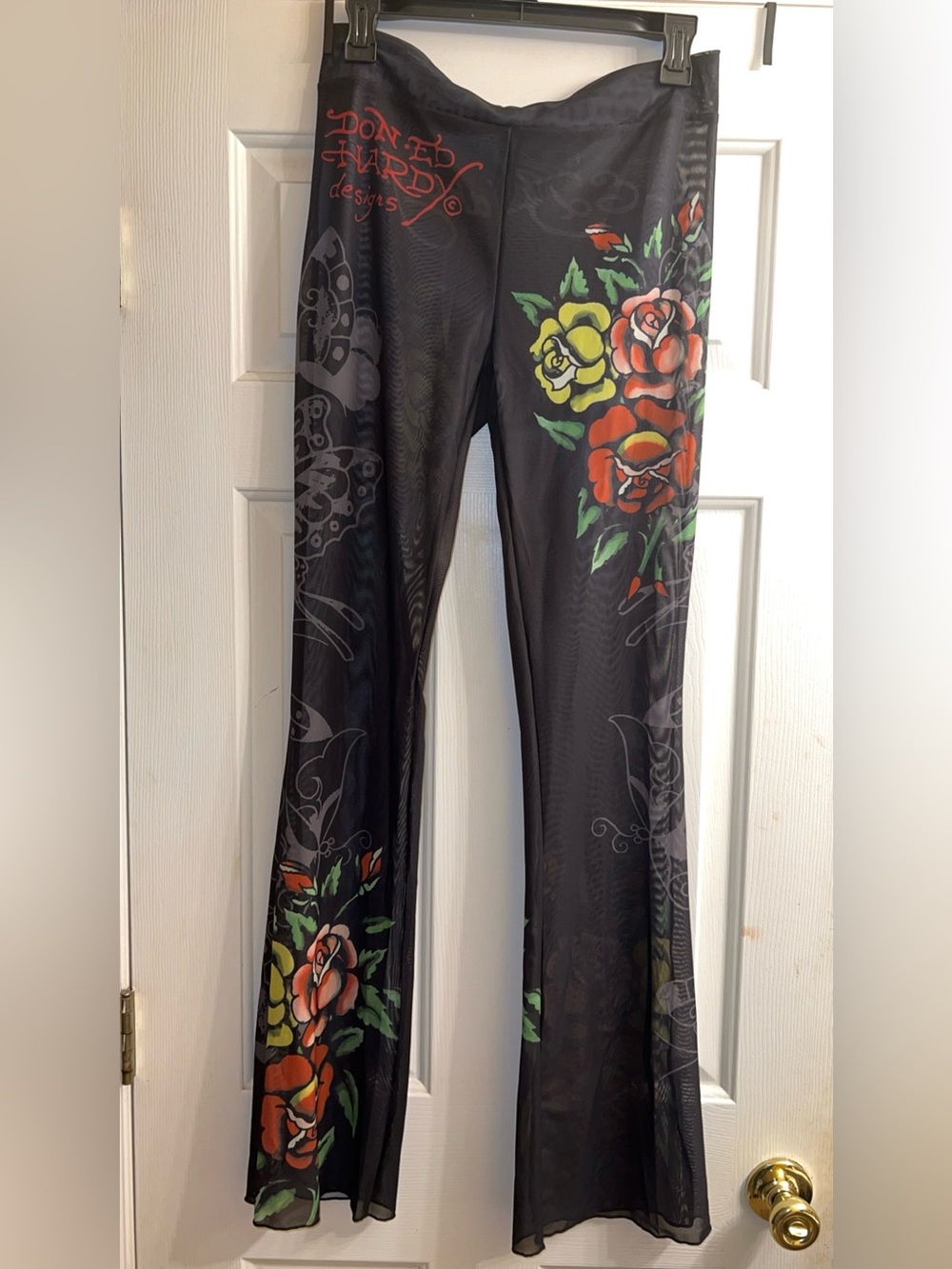 Ed Hardy black rose mesh swim cover-up flare pants